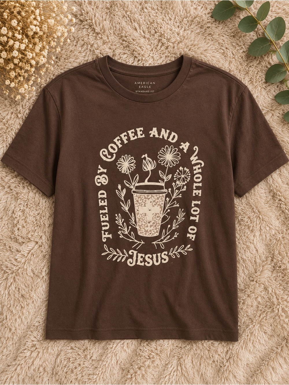 American Eagle Outfitters Kids Brown 'Fueled by Coffee and Jesus' Graphic Tee